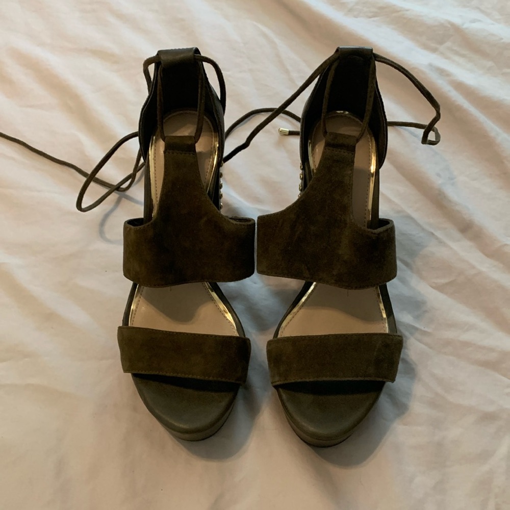 Olive studded suede heels